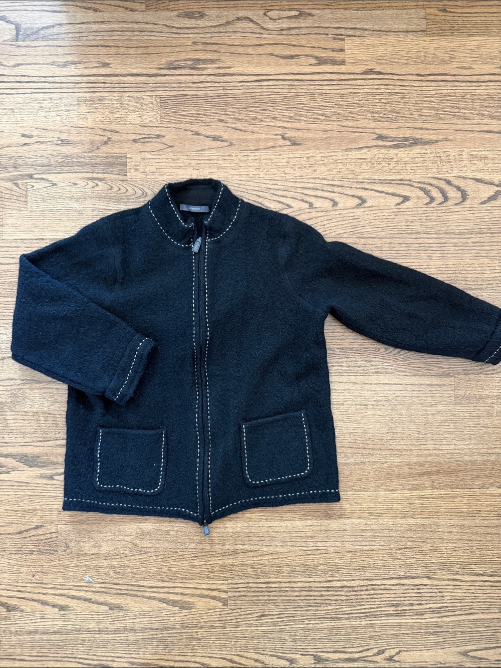 Liz Claiborne Black Zip Front Women's Cardigan with Contrast Stitching 100% wool